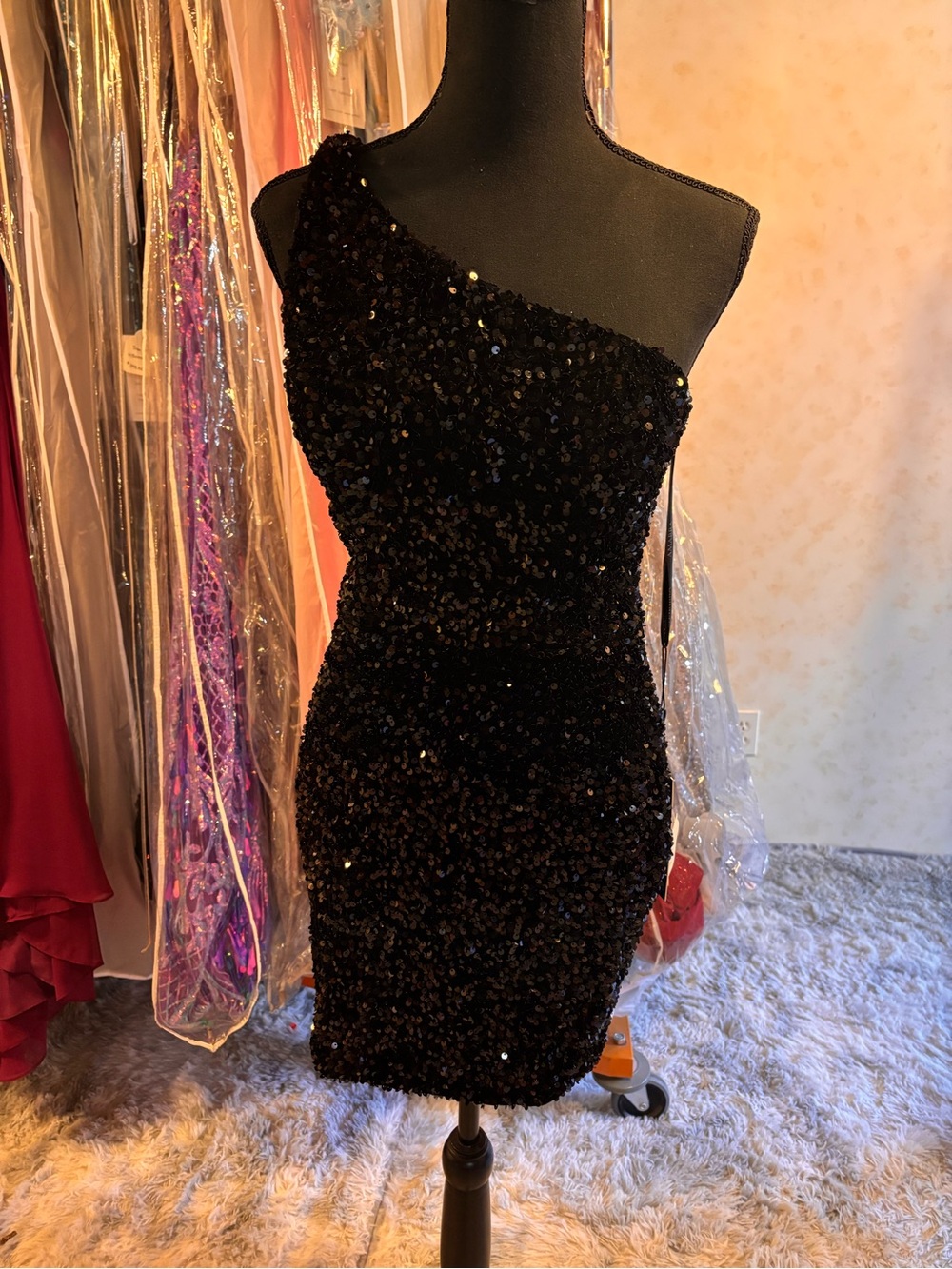 Amarra 88695 Black One-Shoulder Sequin Mini Homecoming Dress - Size 4